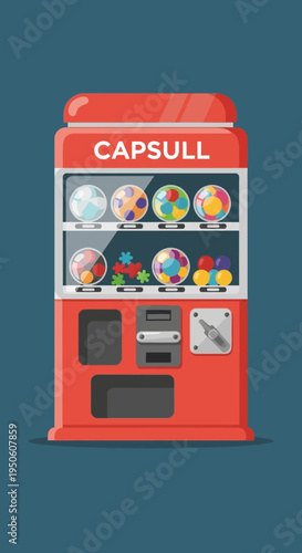 Red Gumball Machine Filled with Colorful Capsules and Toys