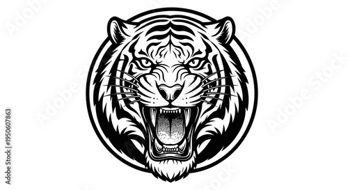 Aggressive roaring tiger head illustration in black and white, depicting a wild animal's power and strength, perfect for mascot designs.