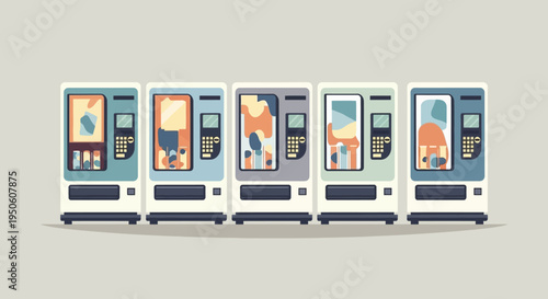 Row of Vending Machines Offering Snacks and Drinks, Retro Style