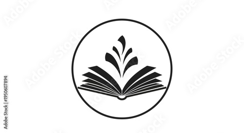 Open book with abstract growth symbol inside a circle, representing knowledge, education, learning, and personal development. Vector icon.