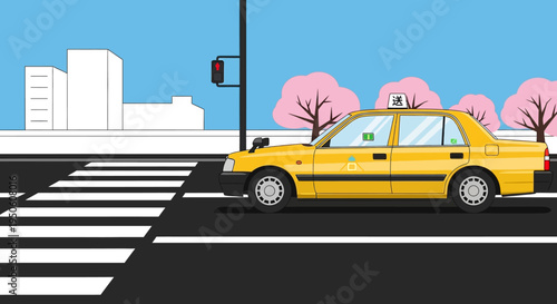 Yellow Taxi Cab Crossing Pedestrian Crossing in Japanese City with Cherry Blossoms