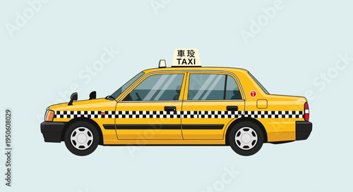 Yellow Japanese Taxi Cab with Checkerboard Stripe and Taxi Sign