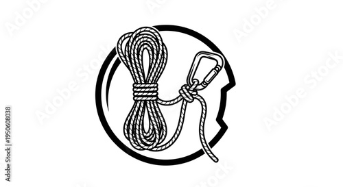 Vector icon of coiled climbing rope with carabiner clip. Black and white graphic symbol for adventure sports, safety, and outdoor gear.