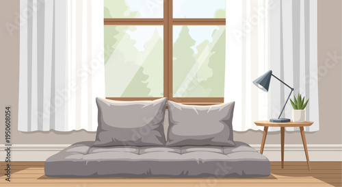 Cozy minimalist living room with futon, window, and desk lamp