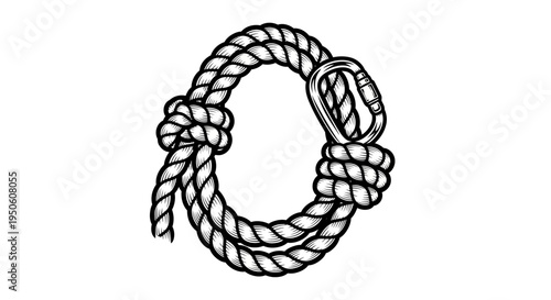 Black and white vector illustration of a coiled rope with a knot and a loop, symbolizing strength, security, and connection.