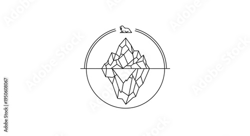 Minimalist Line Art Iceberg Illustration with Arctic Animal in Circular Frame. Nature, Ocean, Cold, Hidden Depths Concept Vector