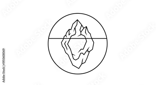 Black and white line art illustration of an iceberg, showing the hidden underwater portion within a circle, concept of unseen depth or challenge