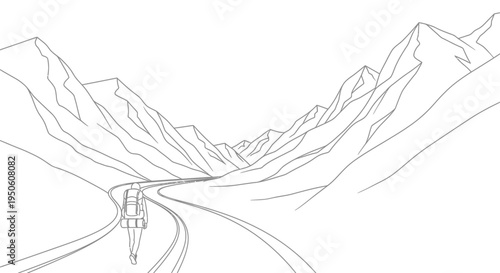 Outline illustration: lone traveler with backpack on a winding road through a vast mountain valley, nature adventure journey