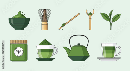 Matcha Tea Ceremony Set: Whisk, Bowl, Scoop, Tea, Leaves, and Cup