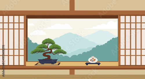 Serene Japanese Bonsai Tree View Through Shoji Screen with Mountain Landscape