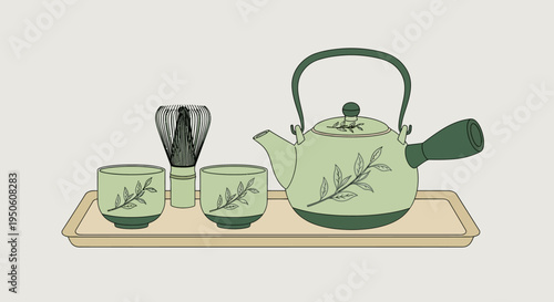 Traditional Japanese Tea Ceremony Set: Matcha Whisk, Teapot, and Cups on Tray