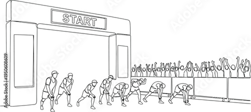 black and white illustration of people running