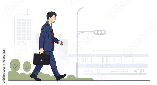 Businessman walking to train station with briefcase, city commute, urban lifestyle