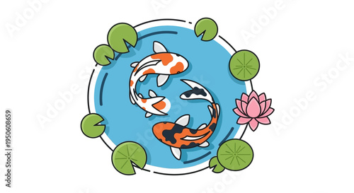 Colorful Koi Fish Swimming in Pond with Lily Pads and Lotus Flower - Vector Illustration