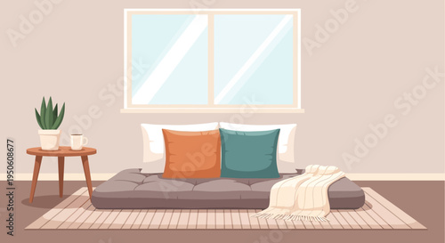 Cozy minimalist bedroom with floor mattress, window, and plant