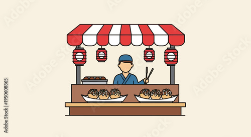 Japanese Street Food Vendor Selling Takoyaki at a Stall