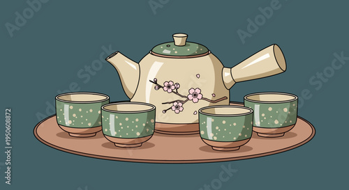 Japanese Tea Set with Cherry Blossoms: Teapot and Four Cups on a Tray