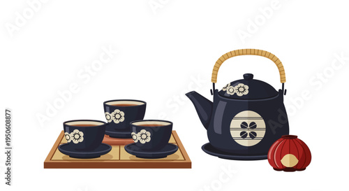 Japanese Tea Set with Cups, Teapot, and Lantern - Pixel Art