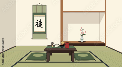 Japanese Tea Ceremony Room with Scroll and Flower Arrangement