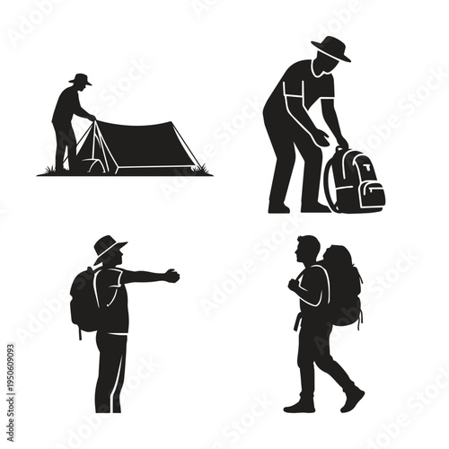 Hiking and Camping Preparation Silhouette Icons