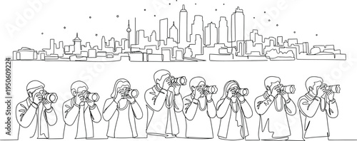 cityscape with tourists taking photos