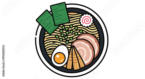 Delicious Ramen Bowl Illustration: Noodles, Egg, Pork, Nori, and Narutomaki