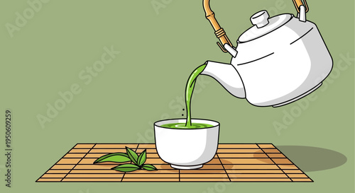 Green Tea Pouring Ceremony: Hot Beverage from Teapot into Cup on Bamboo Mat