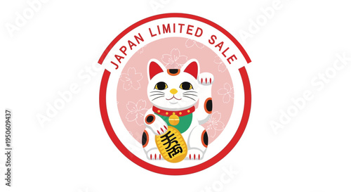 Japanese Lucky Cat Maneki Neko with "Japan Limited Sale" text, inviting gesture, red circle