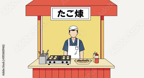 Japanese Takoyaki street food stall with vendor preparing octopus balls