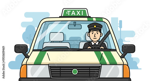 Japanese Taxi Driver in Uniform Driving a Car in City