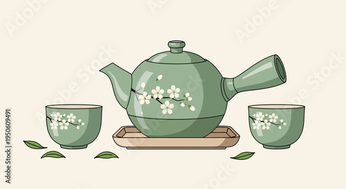 Japanese Tea Set with Cherry Blossoms - Green Teapot and Cups on Tray