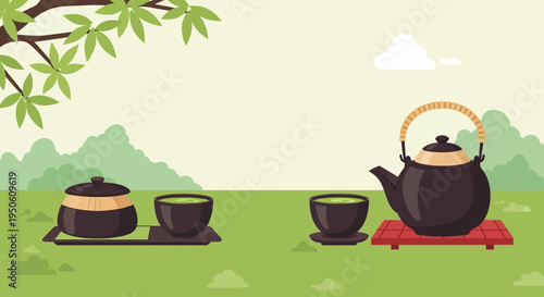 Traditional Japanese Tea Ceremony Setting with Matcha Bowls and Teapot Outdoors