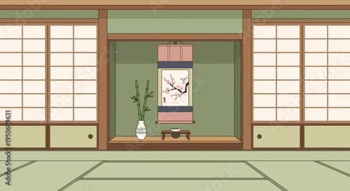 Traditional Japanese Room with Cherry Blossom Scroll and Bamboo