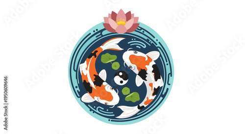 Yin Yang Koi Fish Symbolizing Harmony in Water Lily Pond