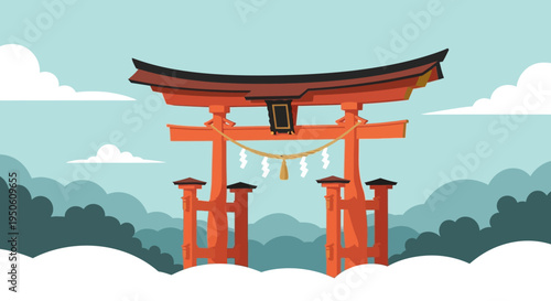 Vibrant Torii Gate in Japanese Landscape with Clouds and Mountains