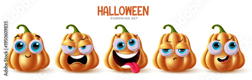 Halloween banner, poster, greeting card and cover design with funny pumpkin characters, expressive faces and festive typography on white background in cute cartoon style.