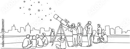 people looking at stars through telescope on rooftop