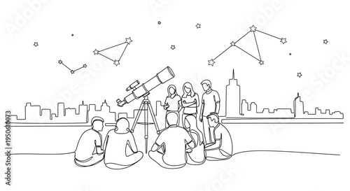 People looking at stars through telescope in city