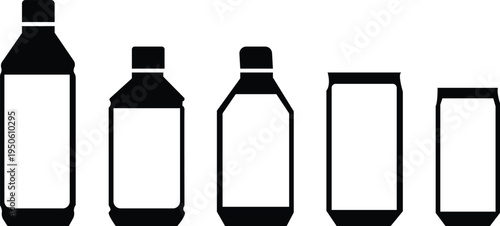 Collection of various bottles and cans on white background, beverage packaging design