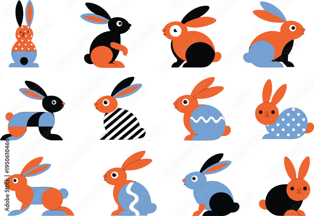 Obraz premium Easter bunny and eggs silhouette set isolated on transparent background, Vector, illustration Cute colorful bunny character vector set