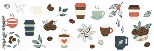Horizontal vector banner featuring coffee cups, beans, and leaves in a modern flat style. Great for cafe branding, coffee shop menus, and packaging.