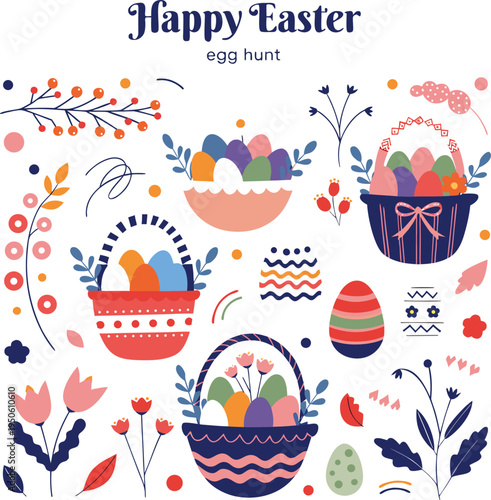 Happy easter basket with colorful eggs  Vintage woodcut illustrations of Easter baskets with baby chick eggs and a rabbit

