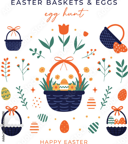 Happy easter basket with colorful eggs  Vintage woodcut illustrations of Easter baskets with baby chick eggs and a rabbit

