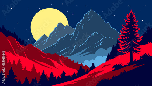 Dramatic vector landscape of mountains under a bright moon with pine forest silhouettes. Ideal for nature themes, outdoor adventure, wilderness travel posters, camping designs, and scenic backgrounds.