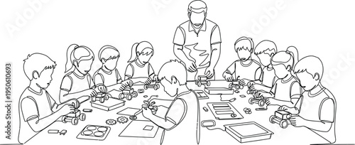 kids learning robotics with teacher