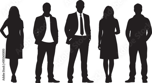 Silhouettes of a diverse professional business team, standing men and women in formal and smart casual attire, leadership, and success.