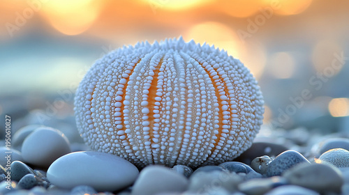 Wallpaper Mural Sea urchin on rocks at sunset white and orange spines on a beach with pebbles and a blurred background of a serene ocean shore at dusk Torontodigital.ca