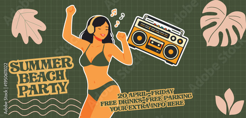 Summer beach party banner with Retro vintage pop art comic style woman in bikini with retro boombox illustration for social media cover with tropical leaves background for summer dj music event party