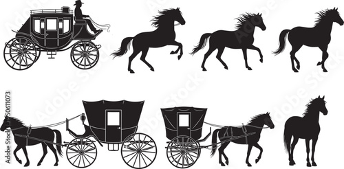 Silhouettes of vintage horse-drawn carriages, wild galloping horses, stagecoach with driver, western transportation, historical travel icons, and equestrian heritage elements.