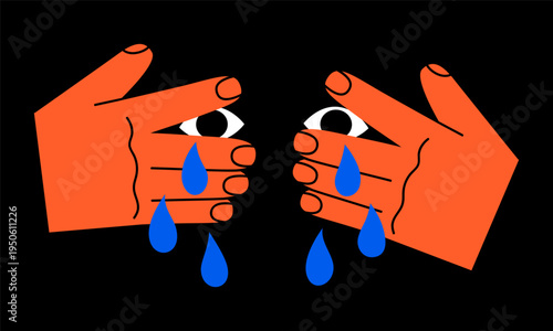 Hand drawn cute illustration of crying eyes covered with hands. Flat vector weeping human face sticker doodle. Depression or anxiety concept icon. Living through grief. Isolated.